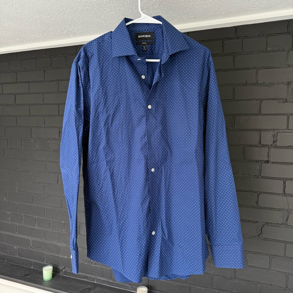 [NEW] Bonobos men’s button-down dress shirt, blue w/ purple dots, 16 1/2 x 36